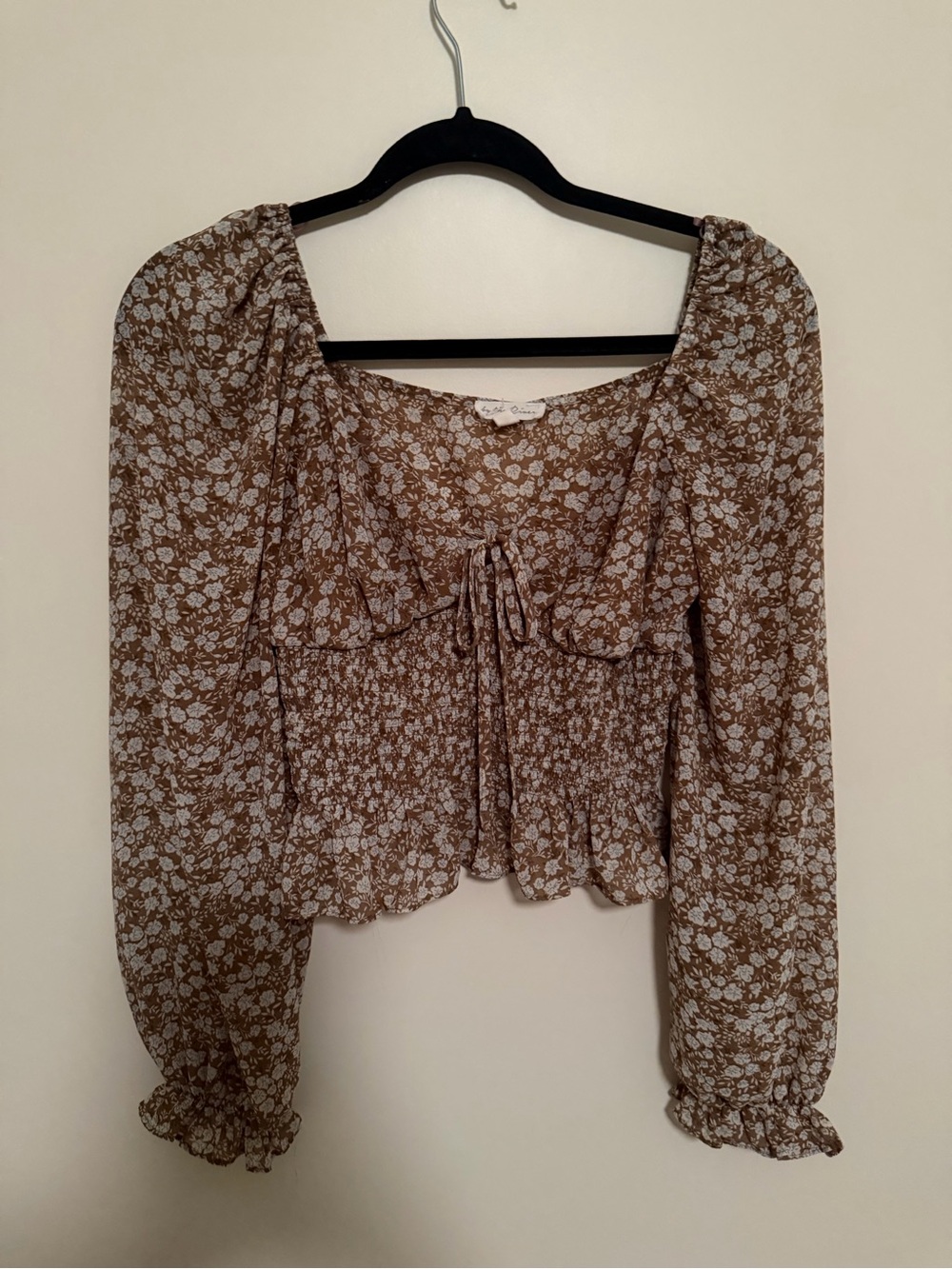 Brown Floral Tie-Front Smocked Blouse